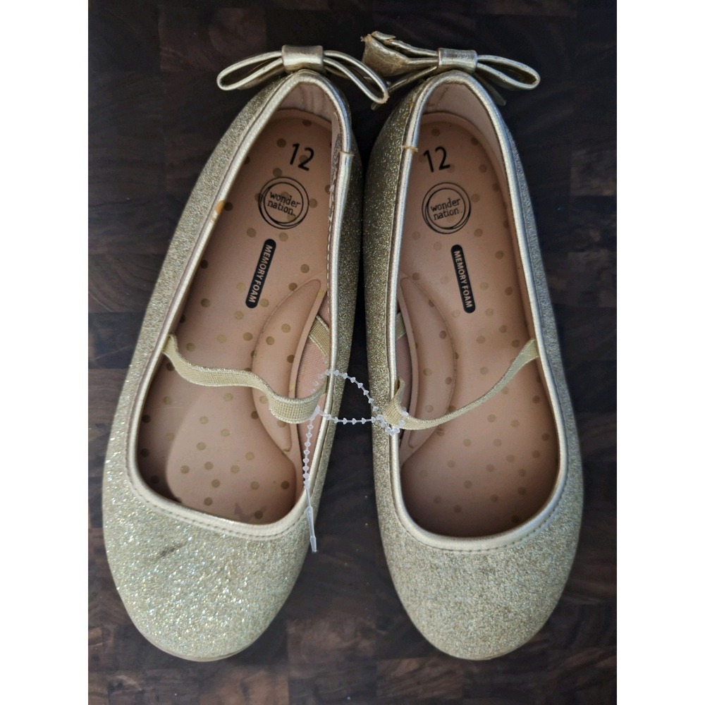 Wonder Nation Girls Gold Glitter Mary Jane Flats Bow Memory Foam US 12